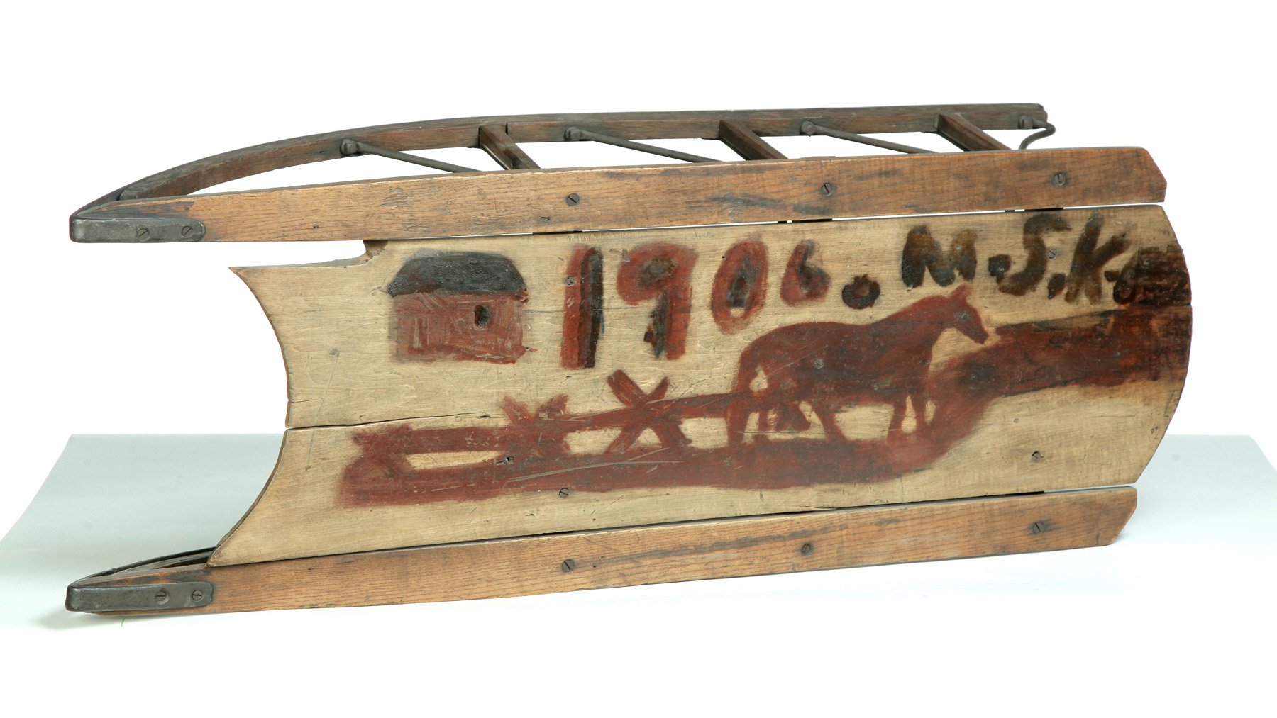 Appraisal: AMERICAN PAINTED SLED Early th century oak Hand painted with