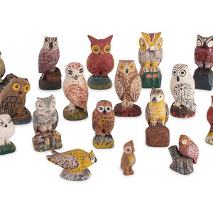 Appraisal: A Group of Painted Folk Art Owl Carvings seventeen in