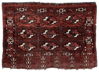 Appraisal: Turkomen rug rows of guls on faded brick-red ground ft