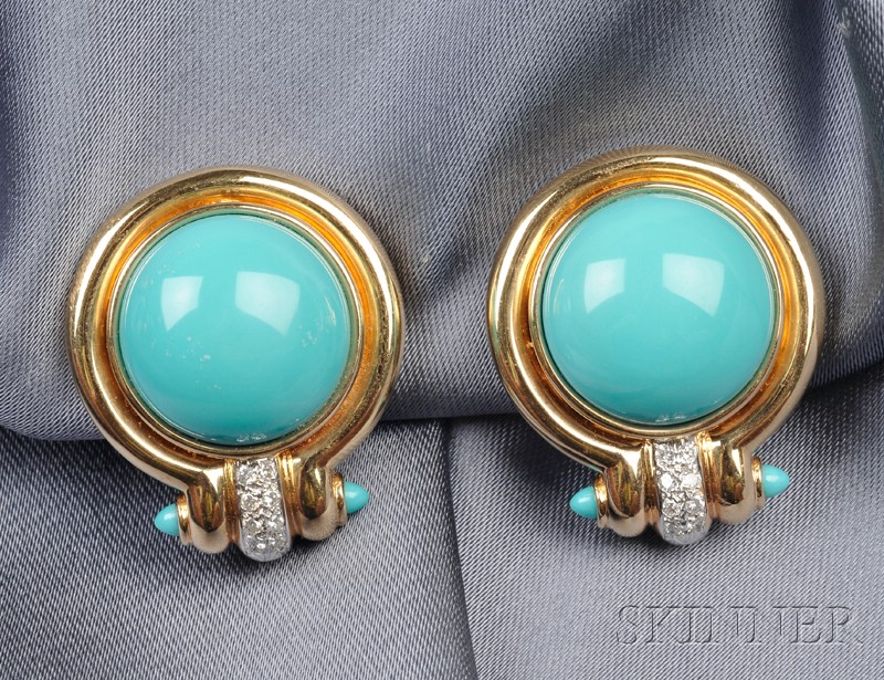 Appraisal: kt Gold Turquoise and Diamond Earclips each set with a