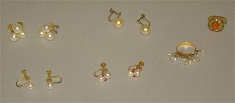 Appraisal: GROUP OF PEARL EARRINGS AND TWO RINGS Four pairs of