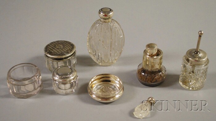 Appraisal: Seven Sterling Silver-mounted Perfume Bottles and Lady's Dresser Items three