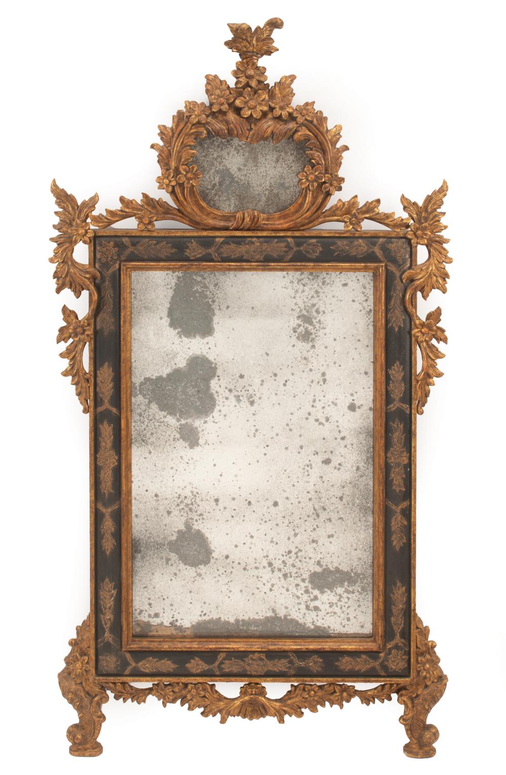 Appraisal: Rococo-Style Painted and Giltwood Mirror floral cartouche crest with inset