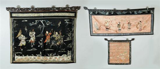 Appraisal: THREE TAPESTRY PANELS Asian late th-early th century silk Heavy