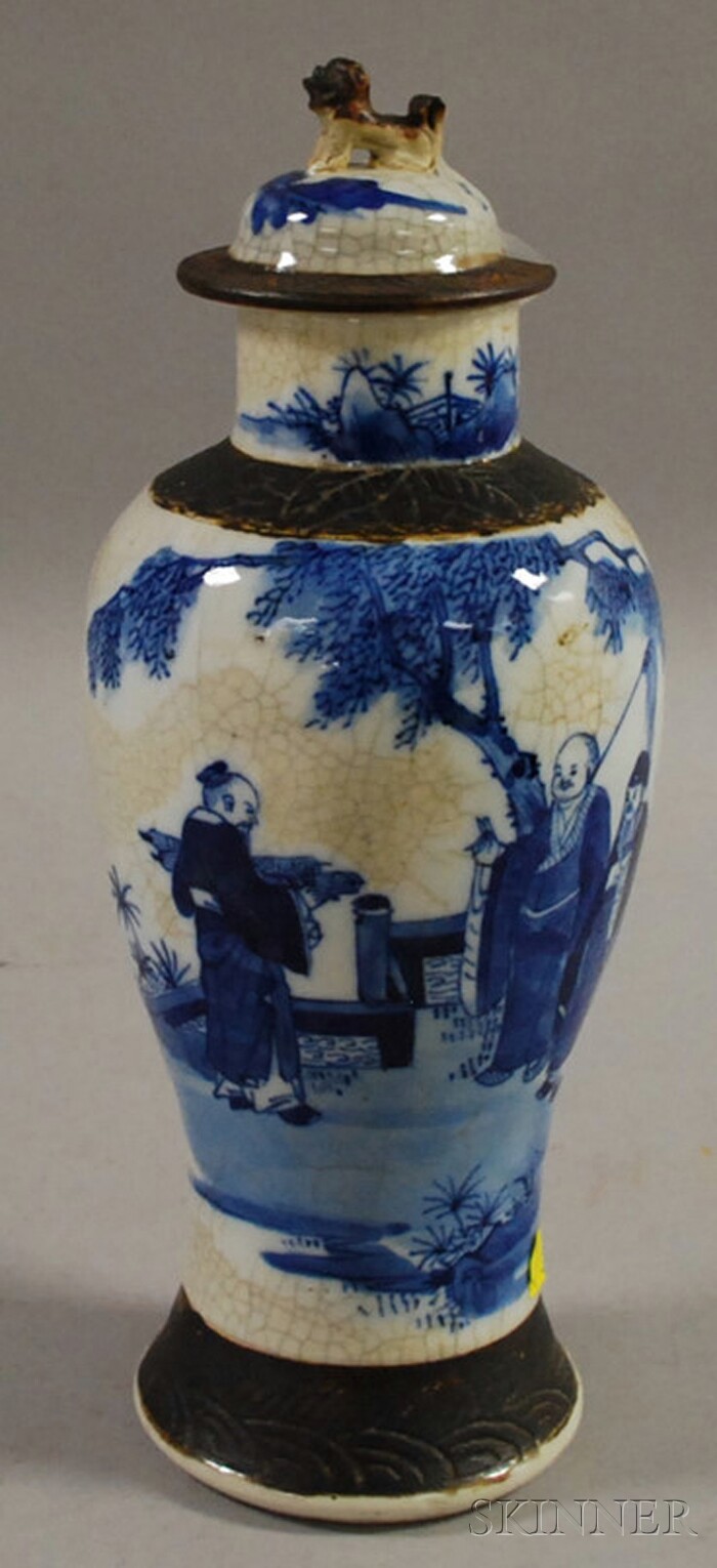 Appraisal: Blue and White Covered Vase China the baluster vase painted