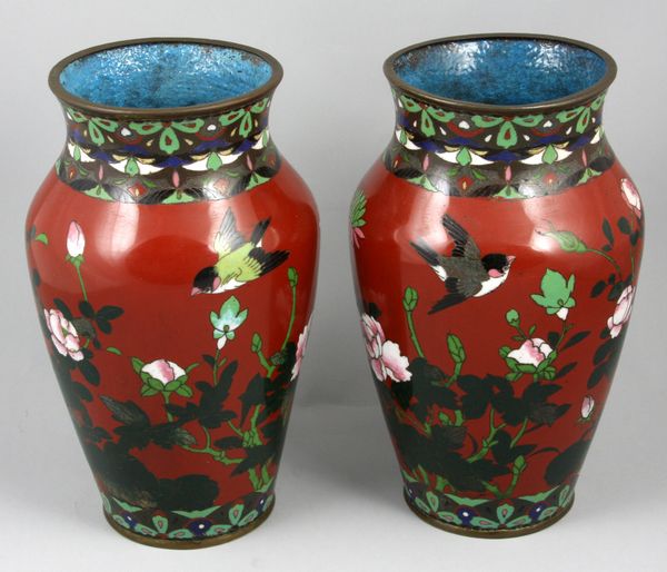 Appraisal: Pair of th Century fine red CloisonnT vases h x