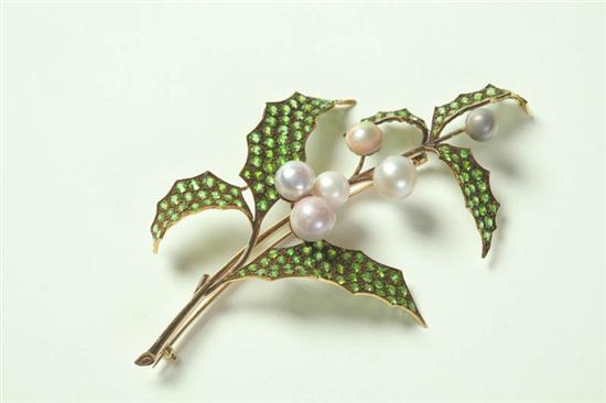 Appraisal: HOLLY SPRIG BROOCH No hallmarks tested k gold pave set