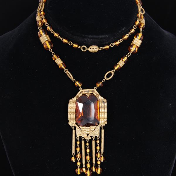 Appraisal: Czech Glass on Brass beaded necklace with faceted amber crystal