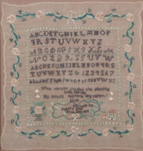 Appraisal: SCHOOLGIRL NEEDLEWORK ALPHABET SAMPLER wrought by Betsy Doe China Worked