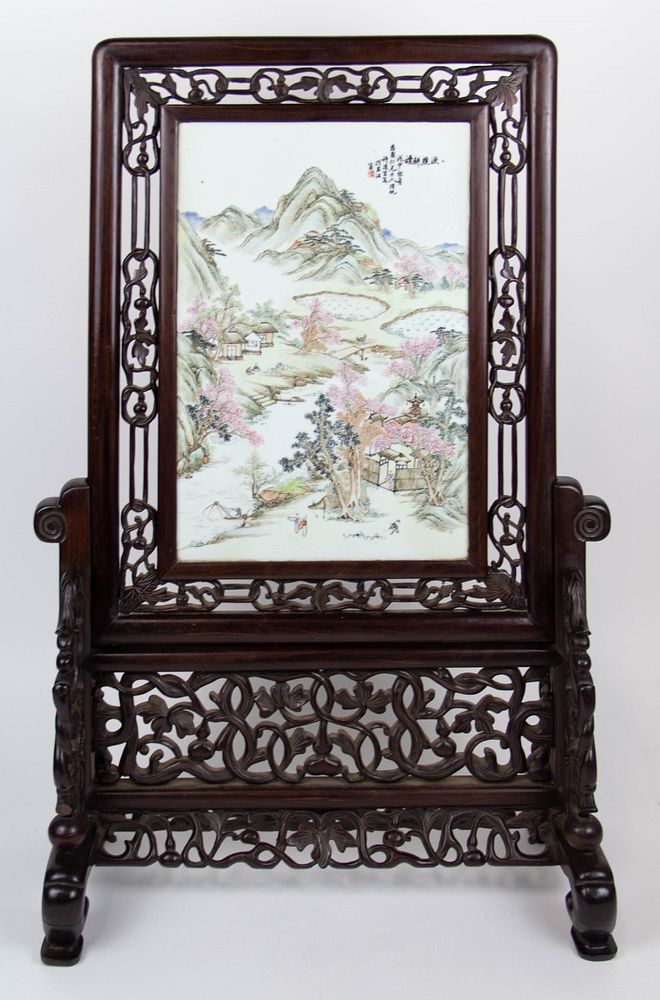 Appraisal: Enameled Republic Period Landscape Table Screen Chinese th Century Depicting