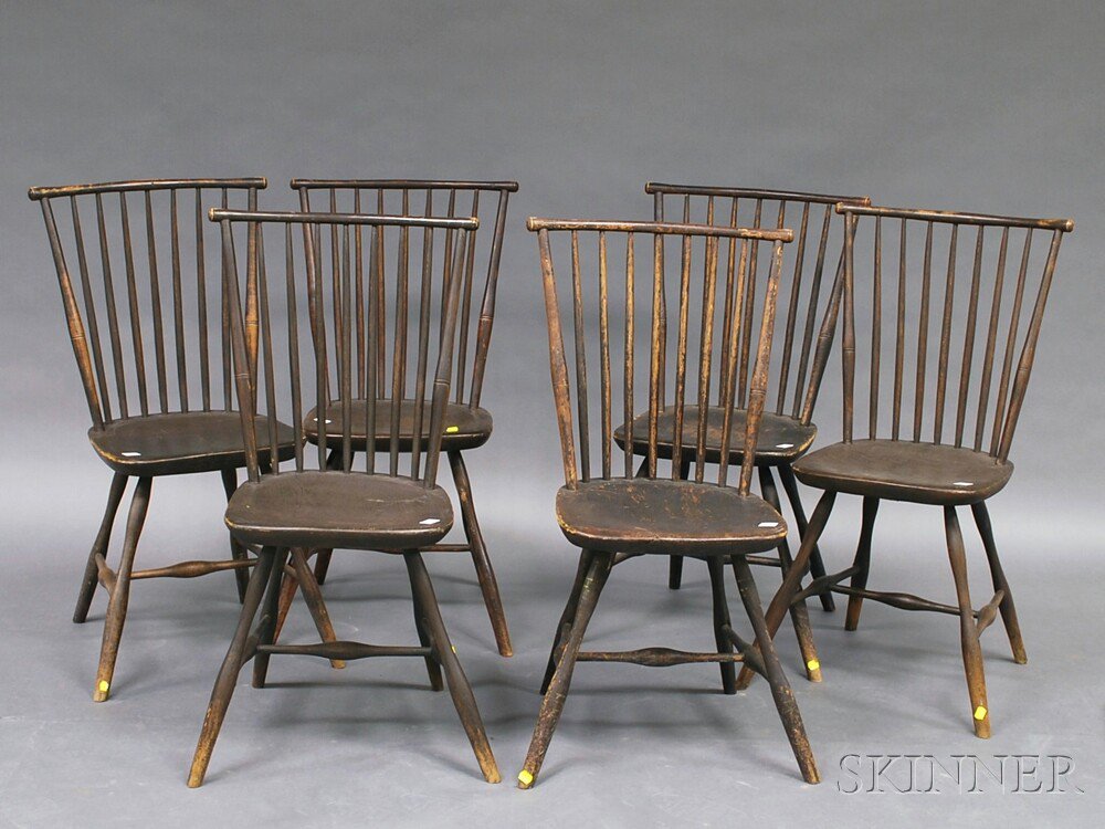 Appraisal: Set of Six Gray-painted Bamboo-turned Windsor Side Chairs America early