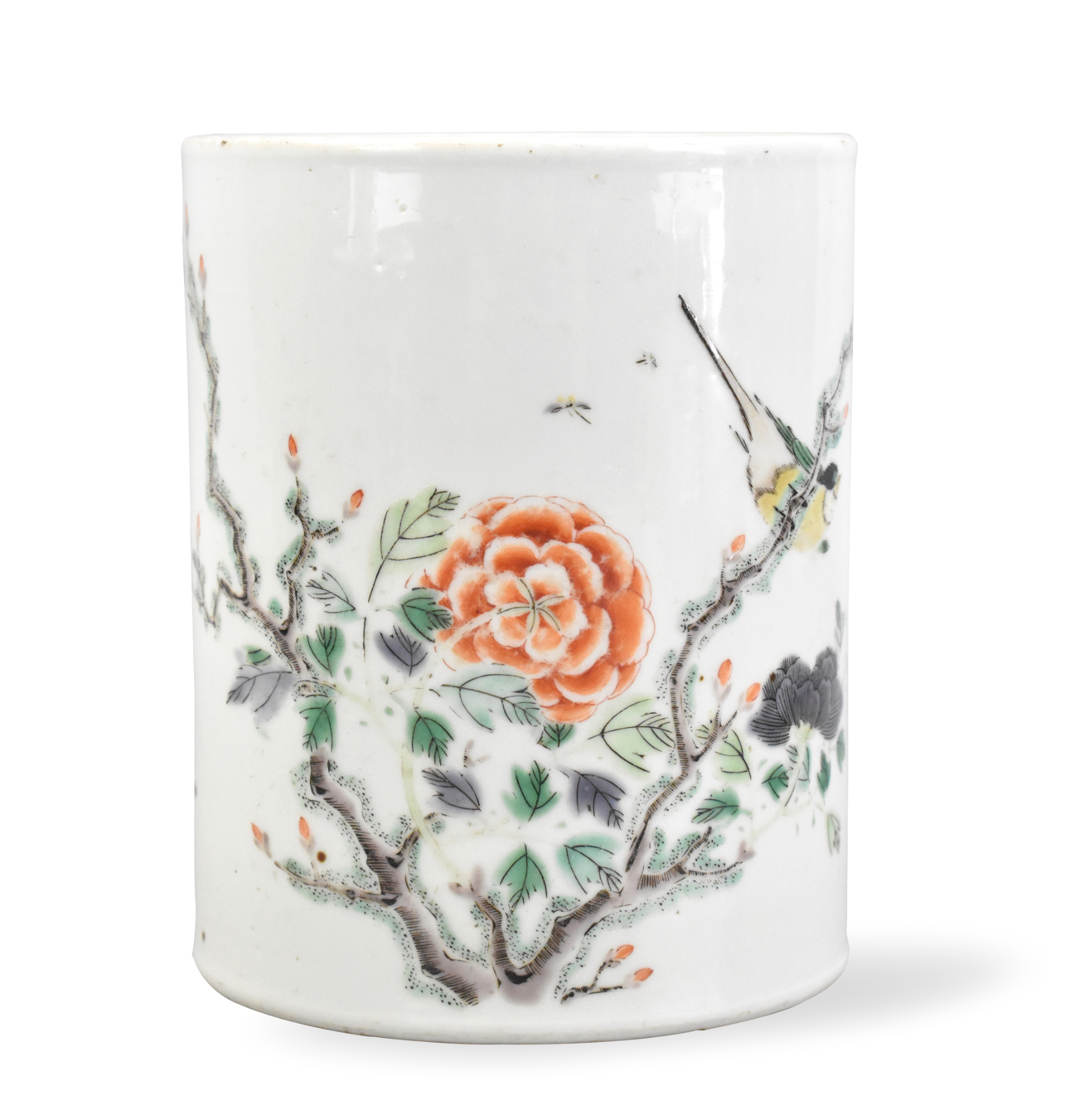 Appraisal: Chinese famille verte brushpot with flowers and bird Over a