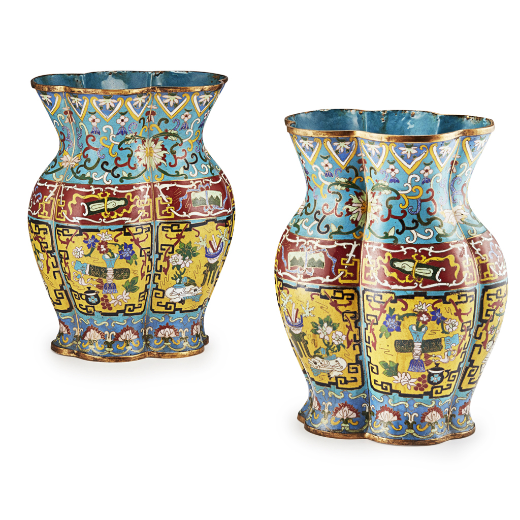 Appraisal: PAIR OF CLOISONN ENAMEL LOBED VASES QING DYNASTY TH CENTURY