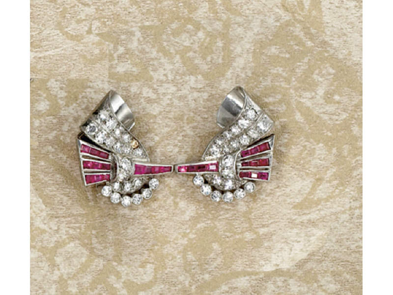 Appraisal: RETRO RUBY AND DIAMOND EARRINGS Platinum ear clips with full