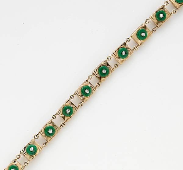 Appraisal: A jadeite jade and diamond bracelet mounted in fourteen karat