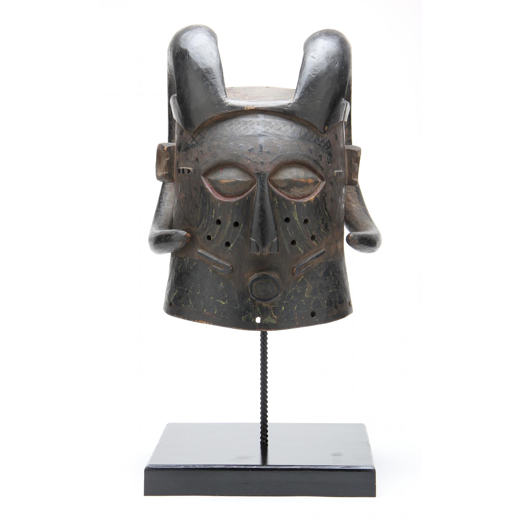 Appraisal: West African Horned Helmet Mask likely Yoruba carved wood with