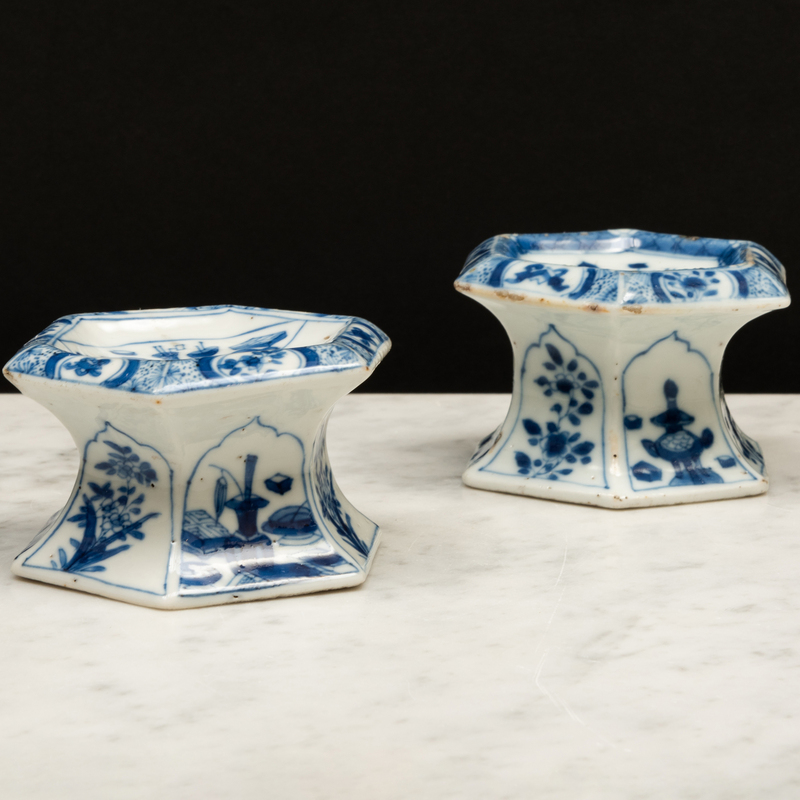 Appraisal: Two Chinese Export Blue and White Porcelain Hexagonal Salts Unmarked