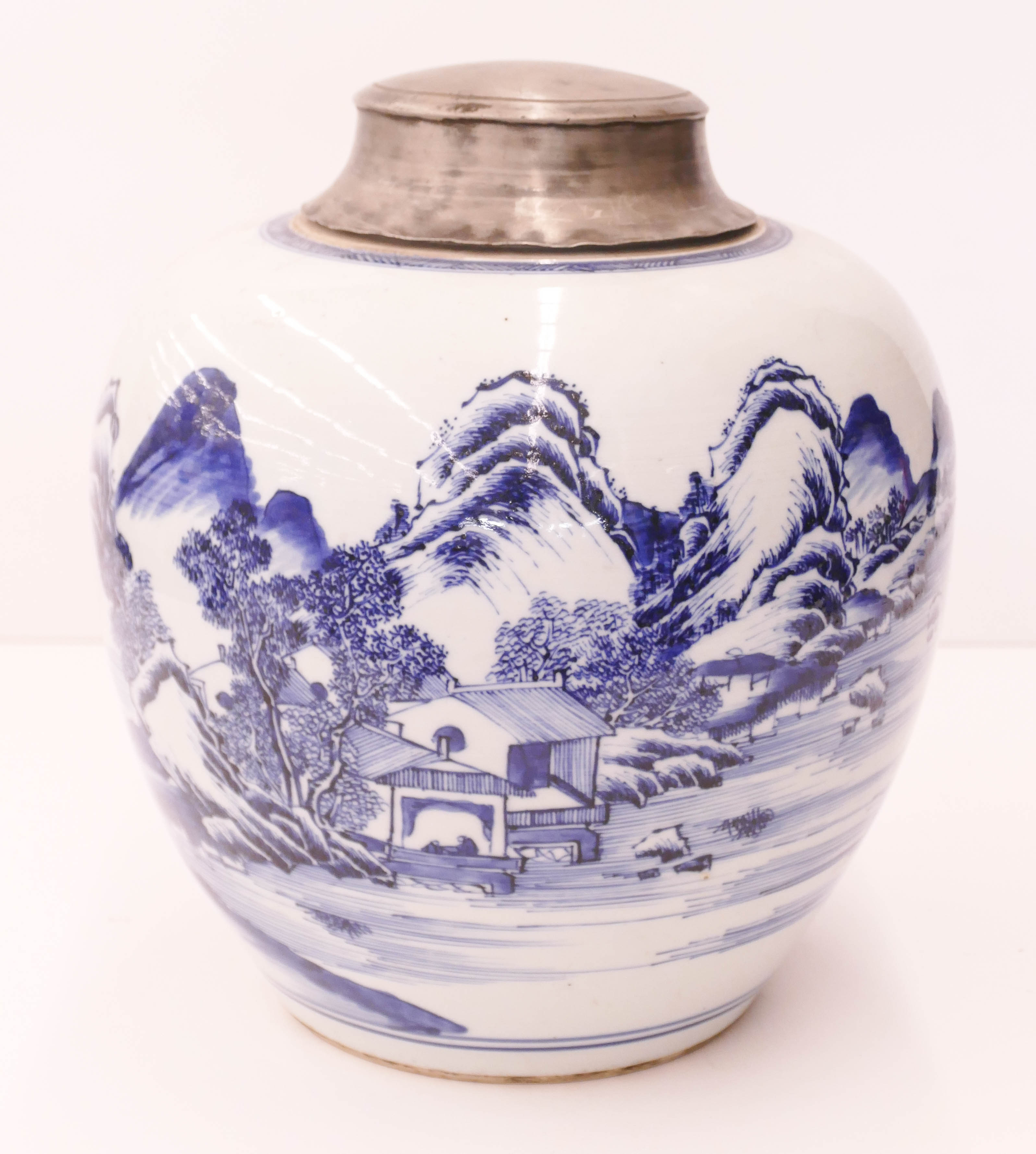 Appraisal: Chinese Qing Landscape Blue and White Jar ''x '' Blue