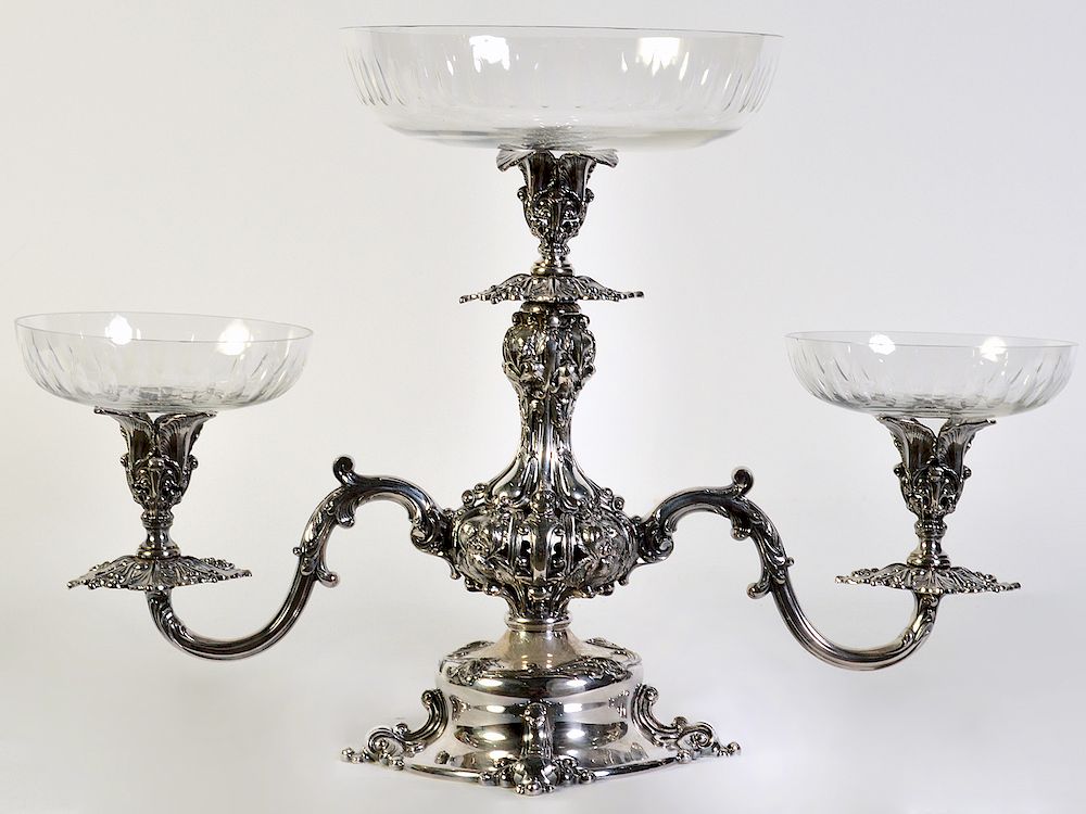 Appraisal: Silverplate Epergne W Arms Center Bowl Silverplate epergne with center