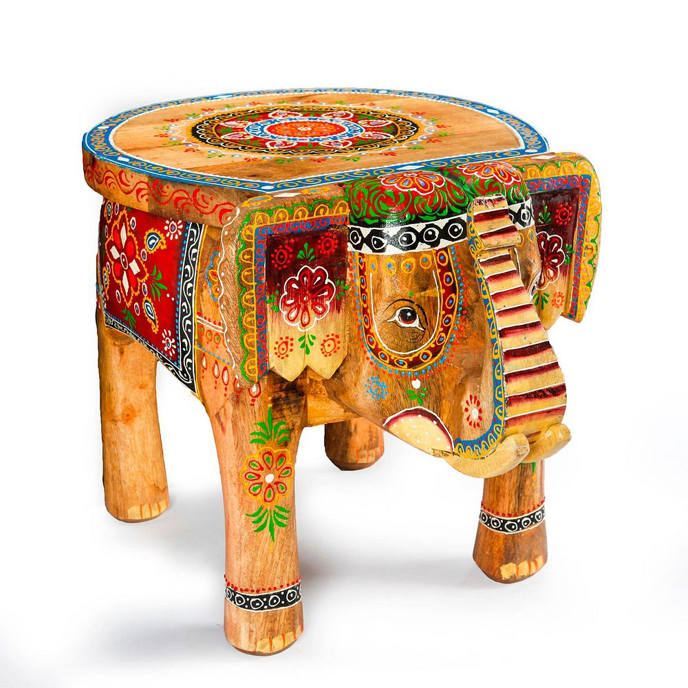 Appraisal: INDIAN CARVED WOODEN ELEPHANT STOOL Traditional Rajasthani style hand painted