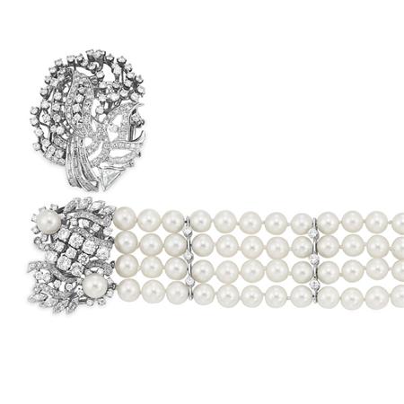 Appraisal: Four Strand Cultured Pearl and Diamond Bracelet with Loose Diamond