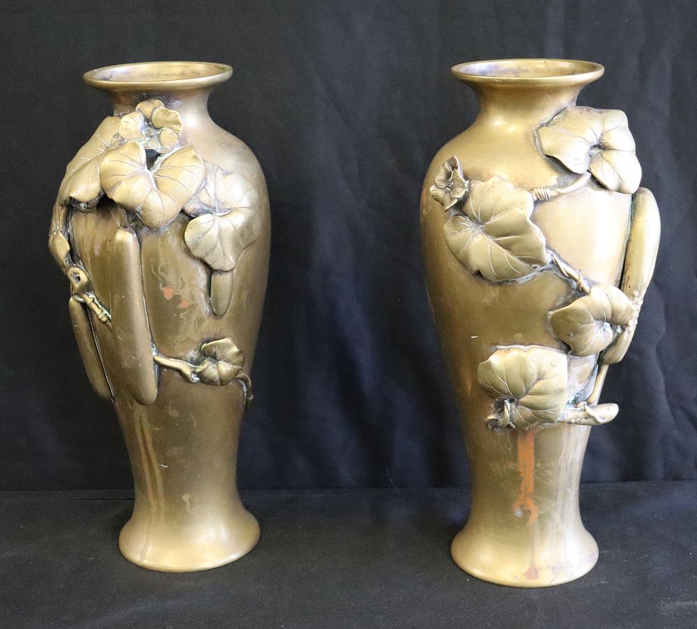 Appraisal: Pair Of Antique Gilt Meta Vases With Fruit Relief Apparently