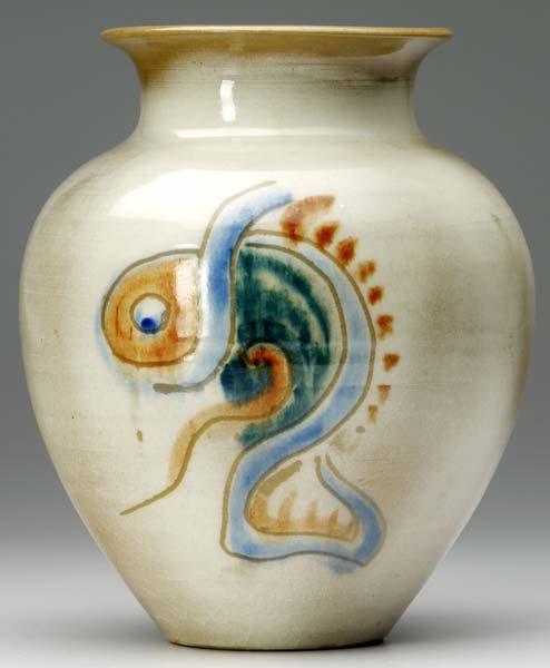 Appraisal: SHEARWATER Bulbous vase incised and painted with abstract fish in