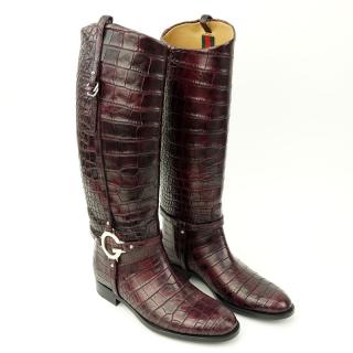 Appraisal: Gucci Eggplant Crocodile Leather Riding Boots Silver-tone Initialed hardware As