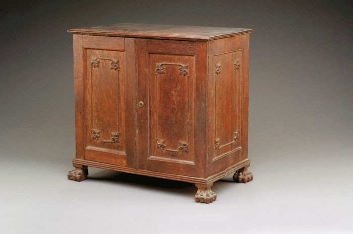 Appraisal: DIMINUTIVE CARVED CHESTNUT TWO-DOOR CHEST OF DRAWERS MADE IN CHINA