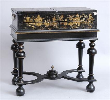 Appraisal: CHINESE EXPORT BLACK LACQUER TWO-HANDLED WORK BOX ON WILLIAM AND