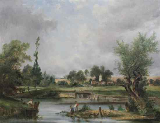 Appraisal: English School c oil on canvas Boy anglers in a