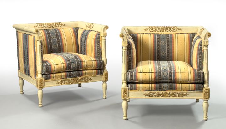 Appraisal: Pair of Continental Neoclassical-Style Creme-Peinte Tub Chairs early th century