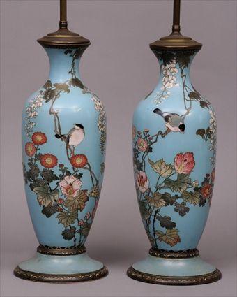 Appraisal: PAIR OF CHINESE CLOISONN ENAMEL VASES MOUNTED AS LAMPS Each