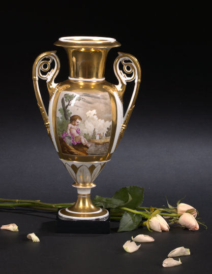 Appraisal: Paris Porcelain Two-Handled Garniture Vase first quarter th century featuring