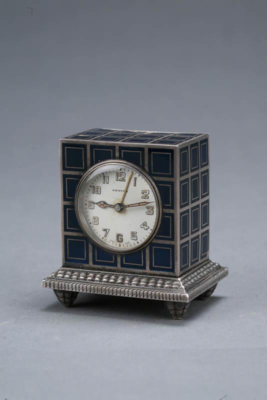 Appraisal: ENAMELED CLOCK Switzerland th century sterling case and dark blue