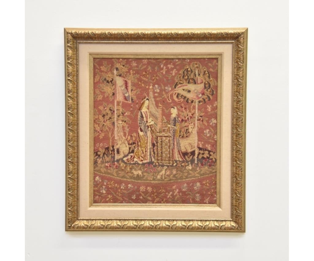 Appraisal: Gilt framed English tapestry with lion and unicorn figures date