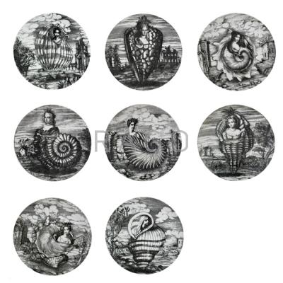 Appraisal: PIERO FORNASETTI Eight transfer-decorated porcelain plates from the Le Oceanidi