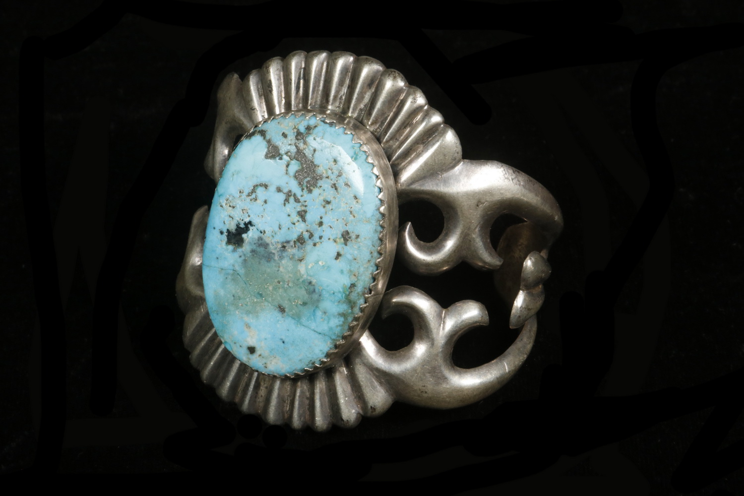 Appraisal: NATIVE AMERICAN SANDCAST SILVER TURQUOISE BRACELET Large Openwork Silver Turquoise