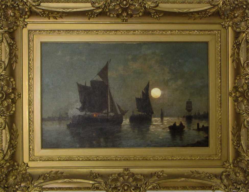 Appraisal: A REINERT OIL ON CANVAS German th century Nocturnal harbor