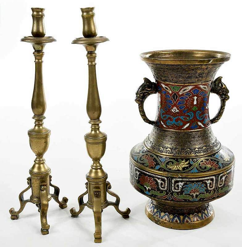 Appraisal: Japanese Champleve Brass Urn Pair Candlesticks th century urn with