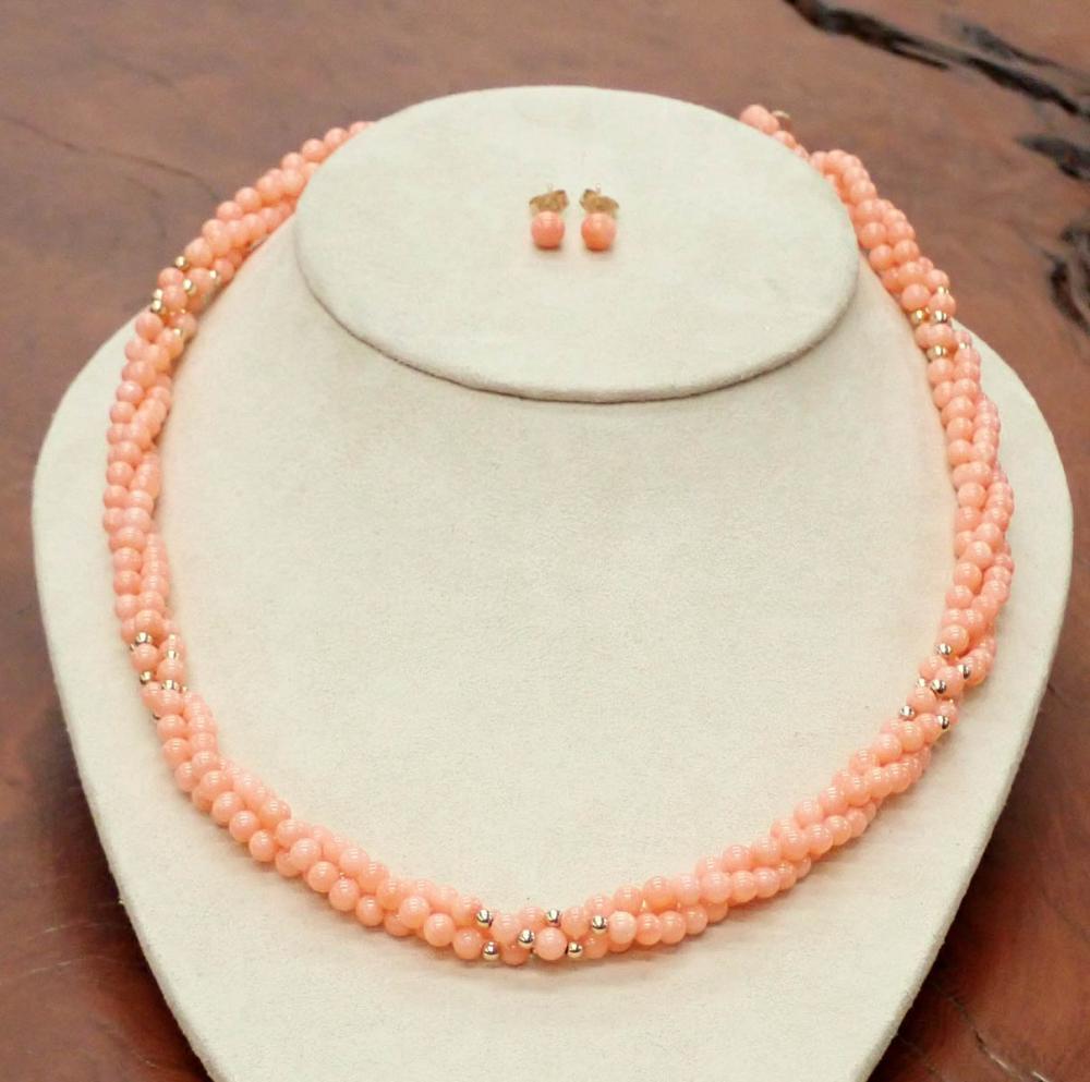 Appraisal: CORAL AND FOURTEEN KARAT GOLD NECKLACE AND EAR STUD SET