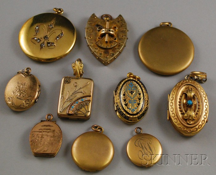 Appraisal: Ten Antique Gold and Gold-tone Lockets including gem-set enameled and