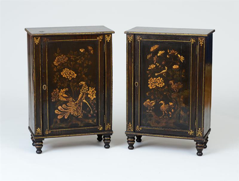 Appraisal: PAIR OF REGENCY BLACK JAPANNED AND PARCEL-GILT SIDE CABINETS Each