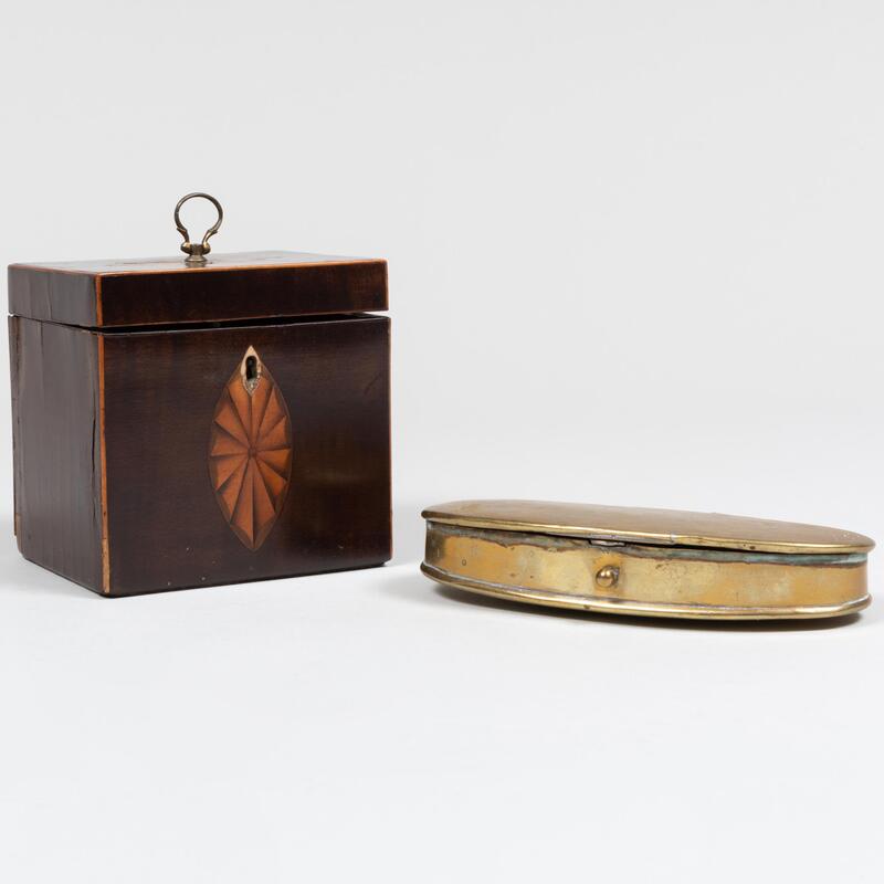 Appraisal: English Inlaid Wood Tea Caddy and a Dutch Brass Tobacco