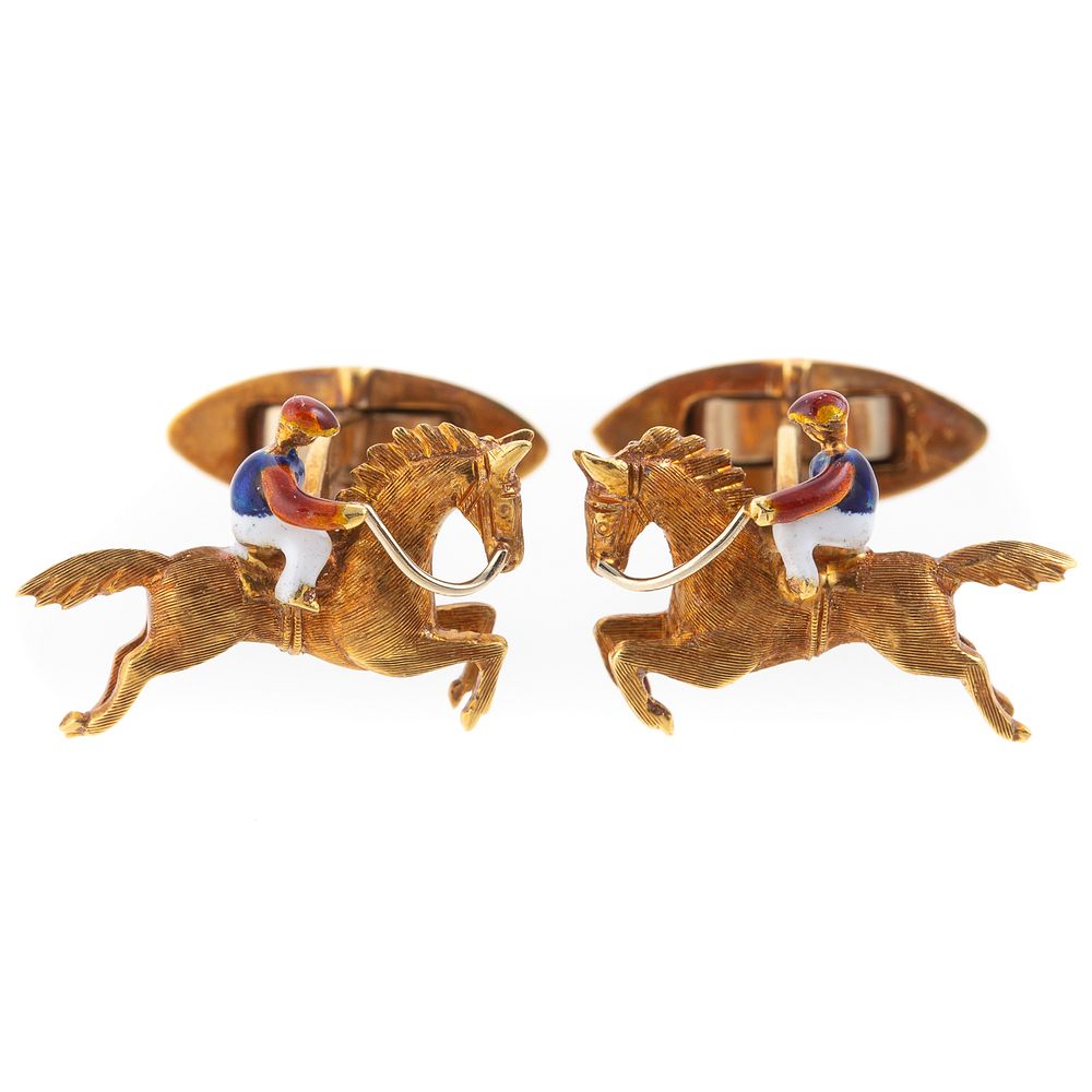 Appraisal: A Gent's Enamel Jockey Horse Cufflinks K yellow gold cufflinks