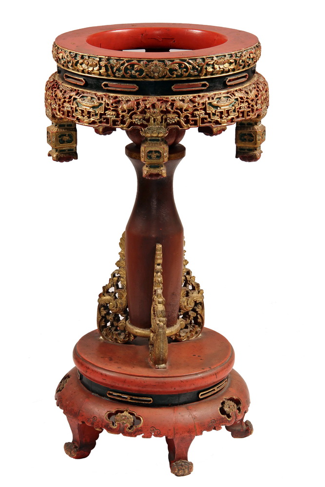 Appraisal: CHINESE BASIN STAND - th c Red Lacquer Giltwork Pedestal