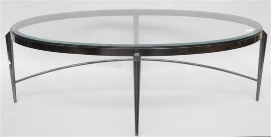 Appraisal: MODERN LOW TABLE Smoky aluminum oval frame with curved cross