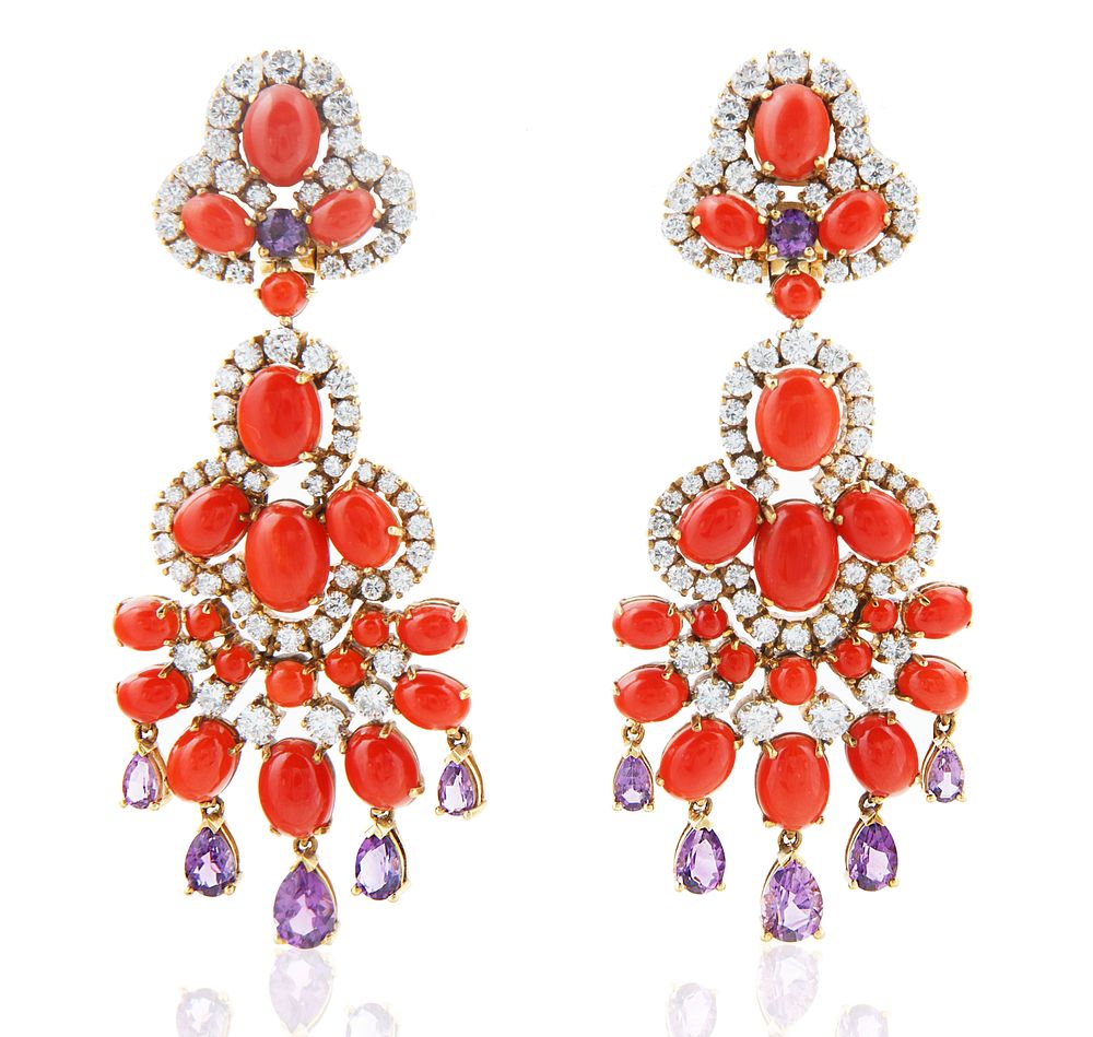 Appraisal: A PAIR VAN CLEEF AND ARPEL DIAMOND CORAL AND AMETHYST