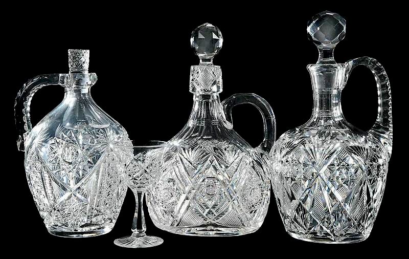 Appraisal: Cut Glass Whiskey Jugs Stem Dorflinger Fry Marlboro pattern attributed