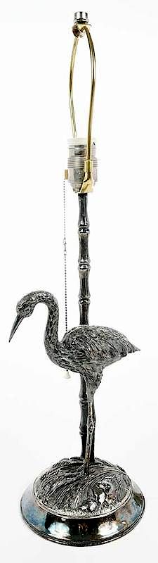 Appraisal: Alpaca Silver Egret and Bamboo Lamp th century bamboo post